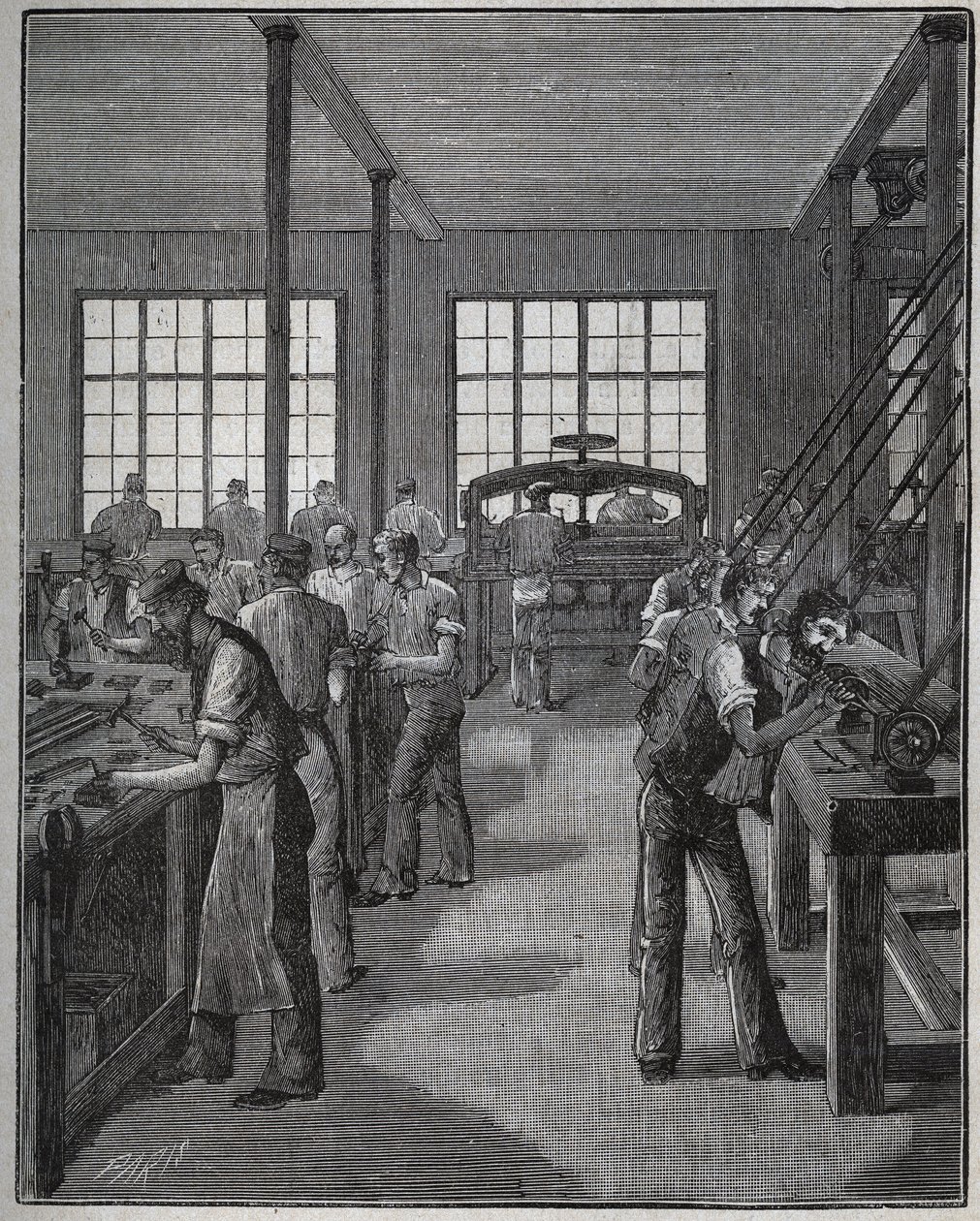 Výroba držáku na tužky (držák na tužky) a držáku na tužky (držák na tužky). Rytina z roku 1885 v „“Les arts et metiers illustres““ od Adolphe BITARDA. od Unknown artist