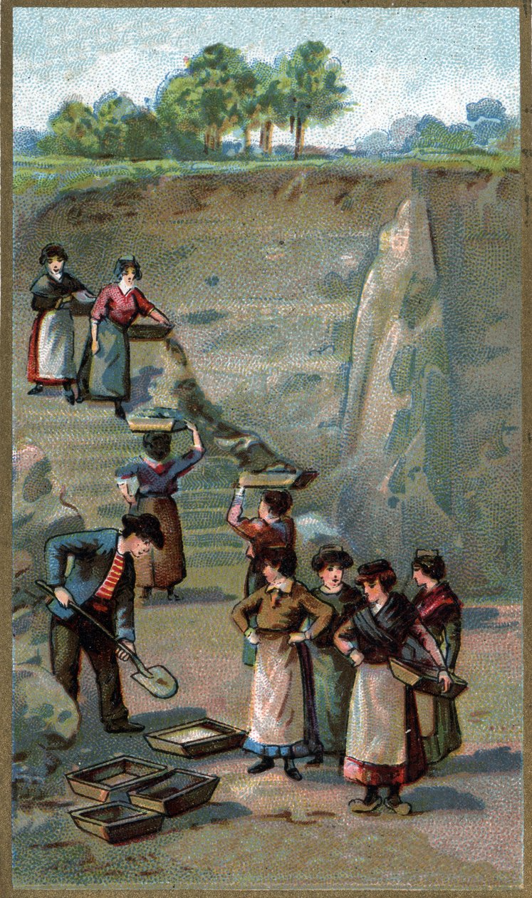 Výroba porcelánu, kaolinový lom. Chromolitografie konce 19. století od Unknown artist