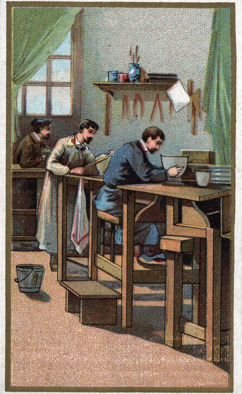 Výroba porcelánu: soustružení. Chromolitografie konce 19. století od Unknown artist