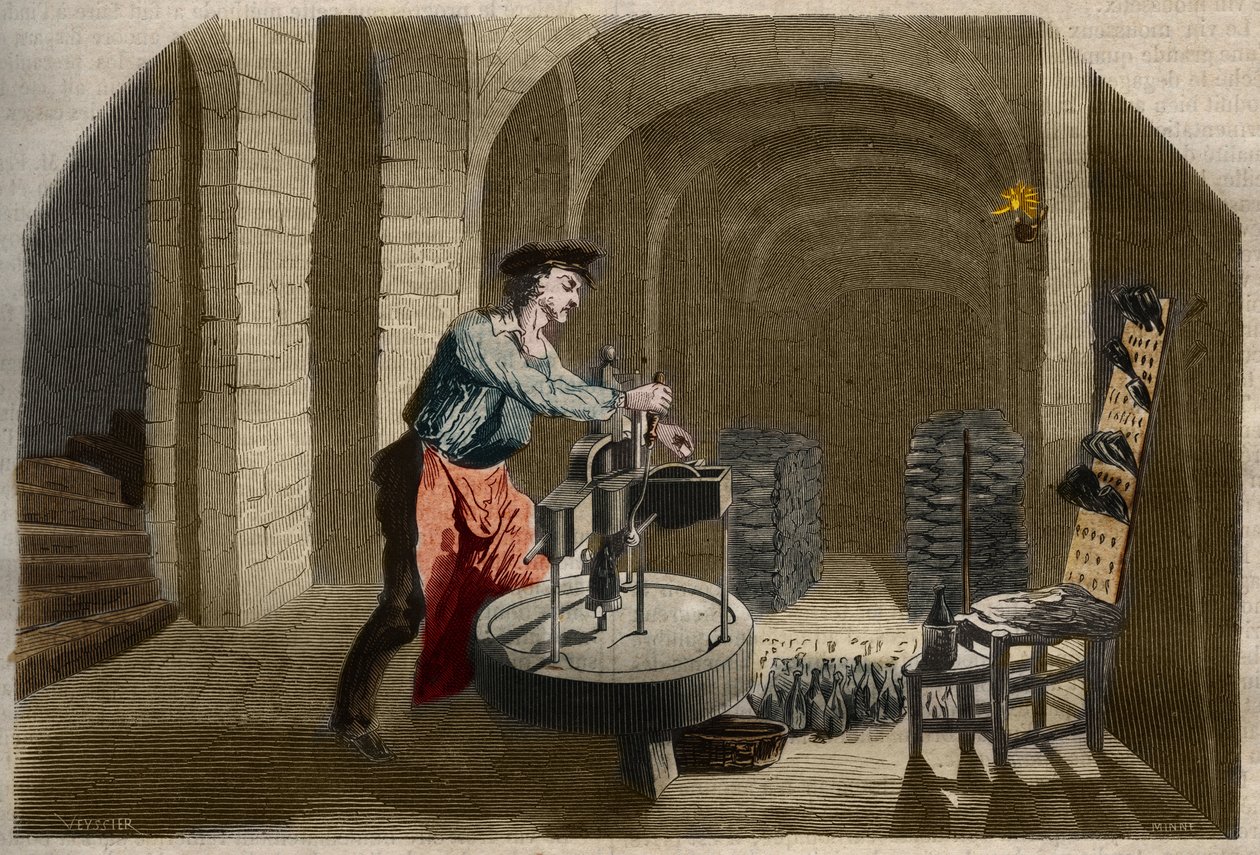 Výroba šumivého šampaňského vína: stáčecí stroj používaný ve sklepě. Rytina z roku 1858 v „“Le Musee Des Sciences““ od Unknown artist