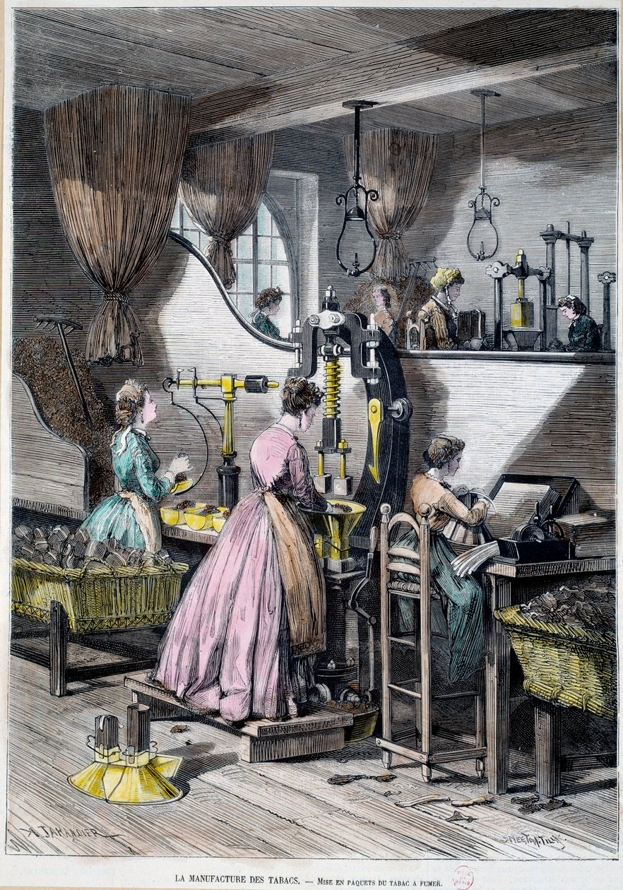 Výroba tabáku, balení tabáku ke kouření. Litografie z roku 1867 Paříž, Musee Carnavalet od Unknown artist