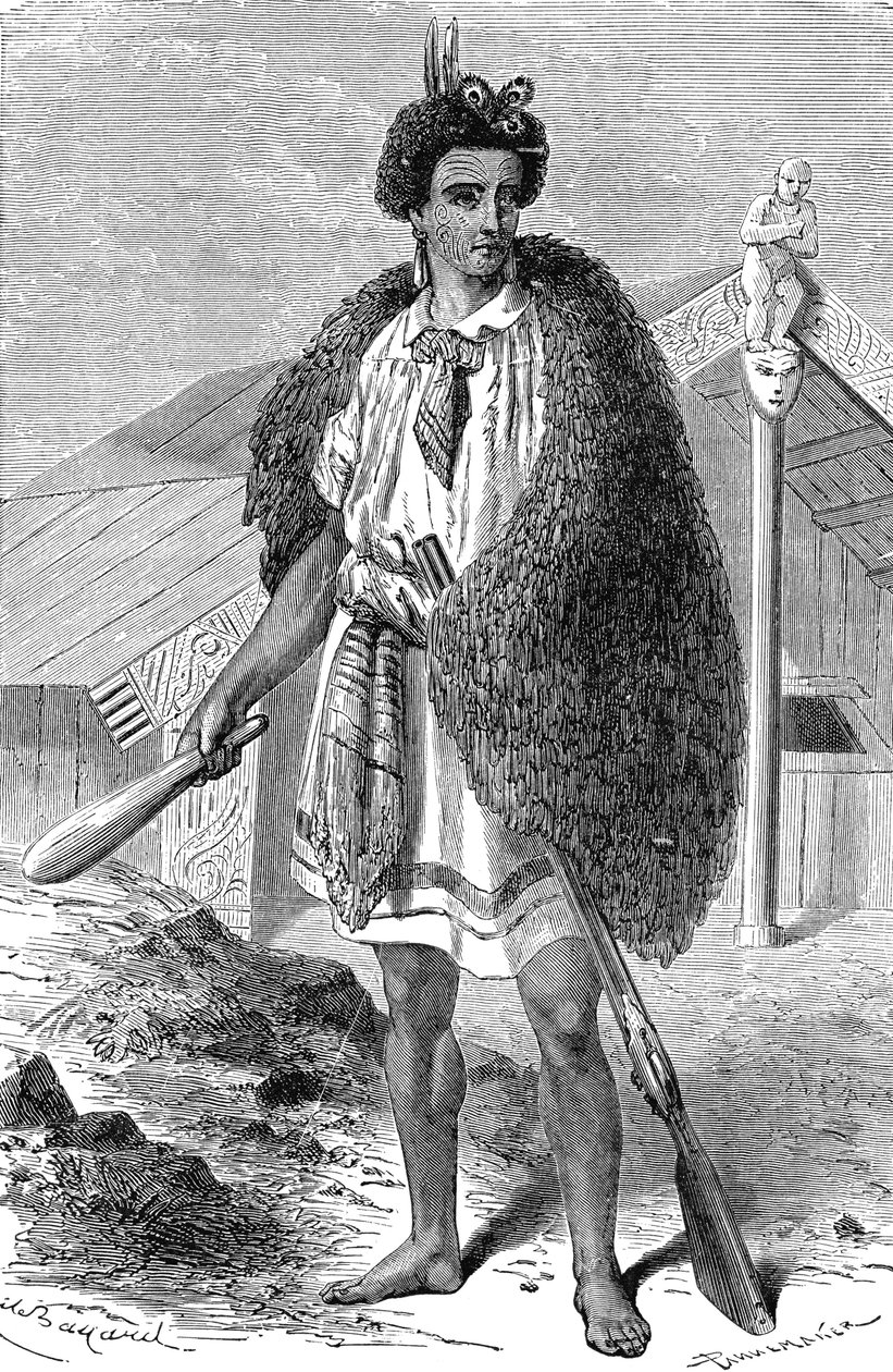 Maorský šéfkuchař v okolí AUCKLANDU na Novém Zélandu. Rytina 1885 od Unknown artist