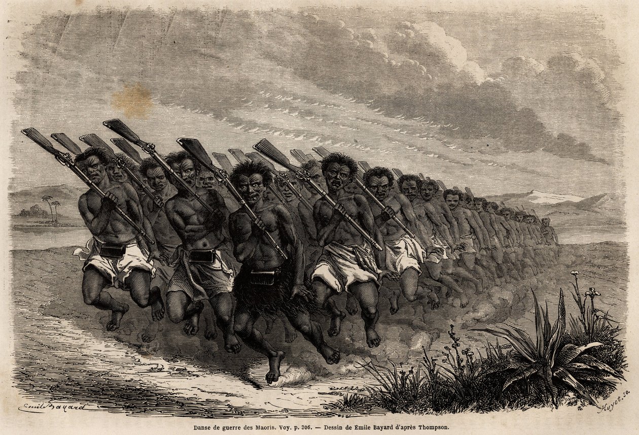 Maorský válečný tanec, kresba Emila Bayarda (1837-1891), k ilustraci cesty Ferdinanda de Hochstettera na Nový Zéland v letech 1858 až 1860. Rytina „“Le tour du monde“, editoval Edouard Charton od Unknown artist