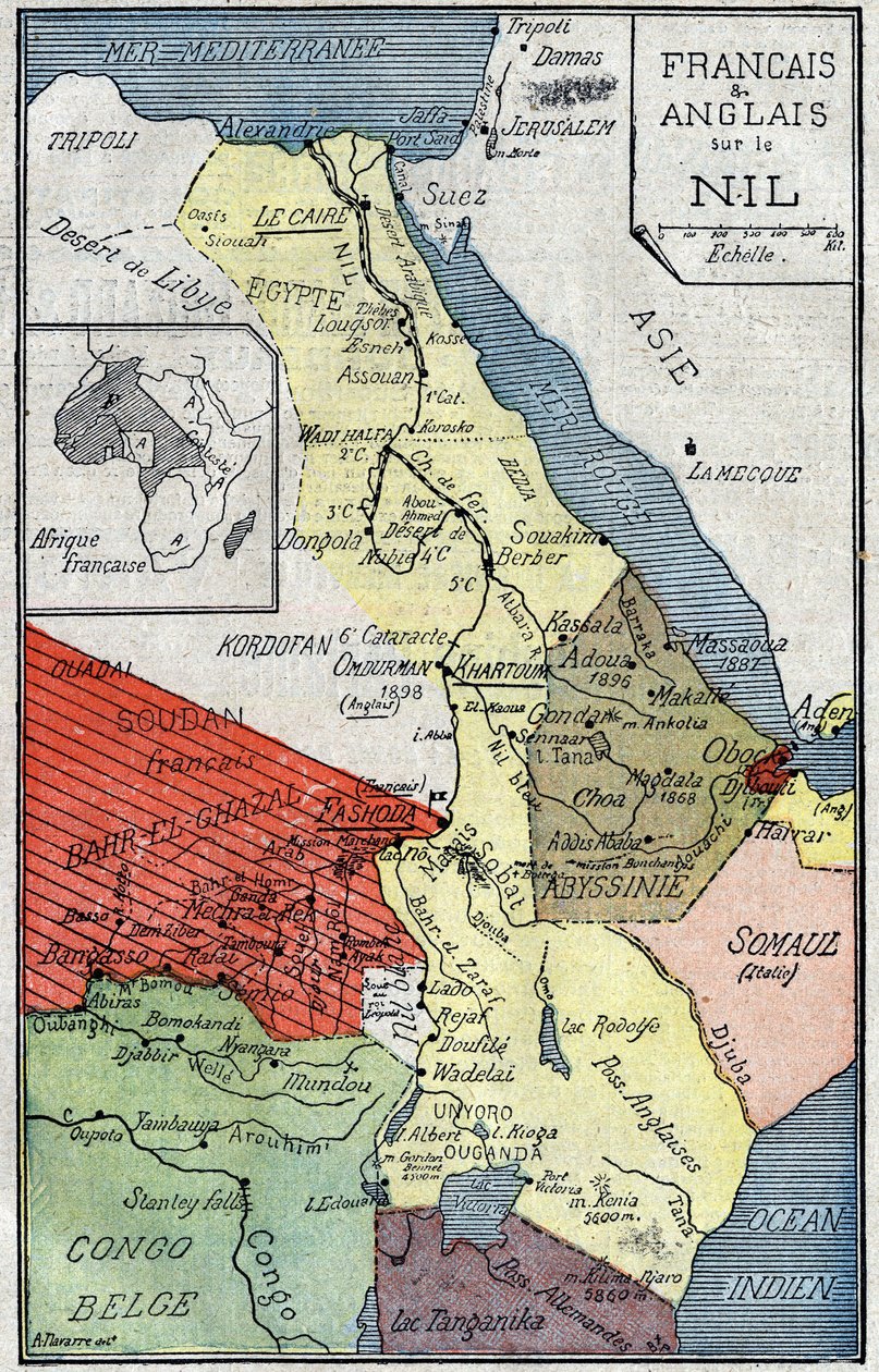 Mapa afrických území kolonizovaných Francouzi a Angličany podél Nilu. Ilustrace v „“Le Pelerin“ z 2. října od Unknown artist