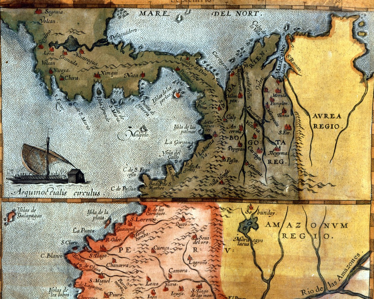 Mapa Střední Ameriky v 16. století: nad ní ukazuje regiony Peru, Amazonie a Bogoty (Panama, Kolumbie a Venezuela). od Unknown artist