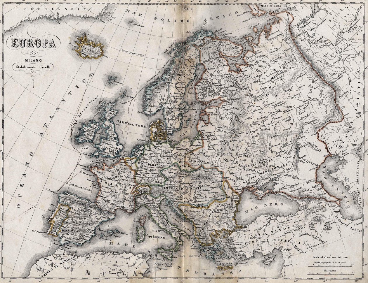 Mapa Evropy. Druhá polovina 19. století. Italský atlas. Stabilimento Civelli. Milán. od Unknown artist