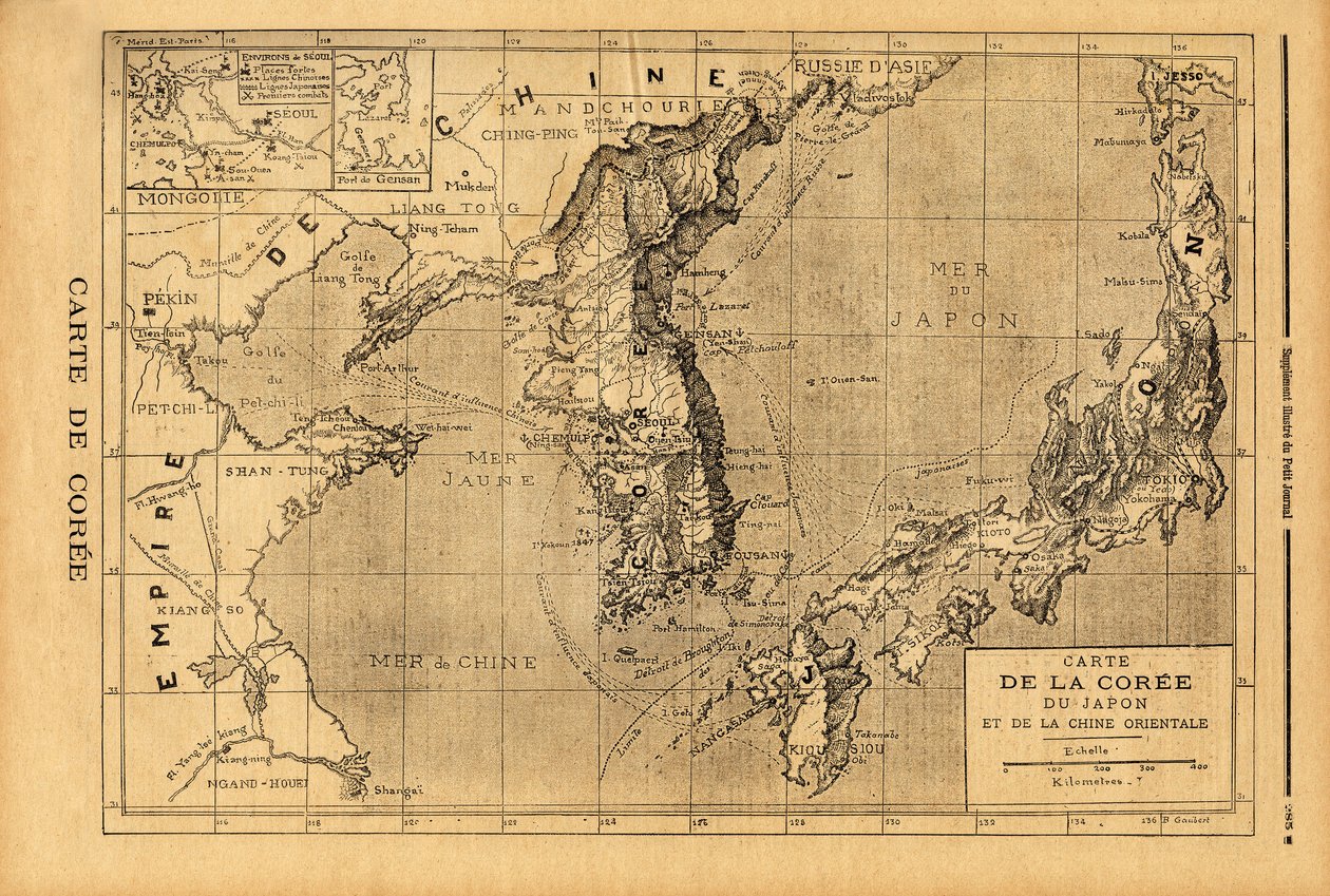 Mapa Koreje, Japonska a východní Číny. Rytina v „“ Le petit journal“ 3/09/1894. Selva sbírka. od Unknown artist