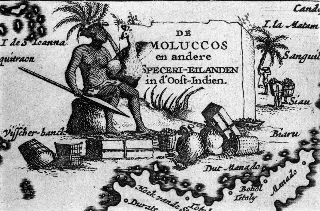 Mapa souostroví Molucca ve východní Indonésii. Zeměpisná mapa převzatá z „Maps des Itineraires et voyages modernes““ od Pierra Vandiera. 17. století od Unknown artist