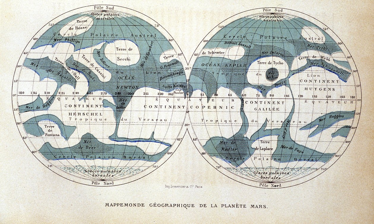 Mapa planety Mars – v “” Popular Astronomy”” od Camille Flammarion, ed. Marpon & Flammarion od Unknown artist