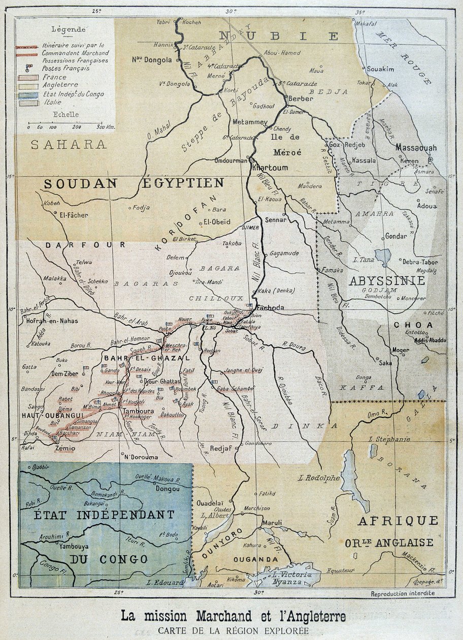 Mapa oblasti prozkoumané Mission Marchand - v „“Le Petite Journal““ z 9.10.1898 od Unknown artist
