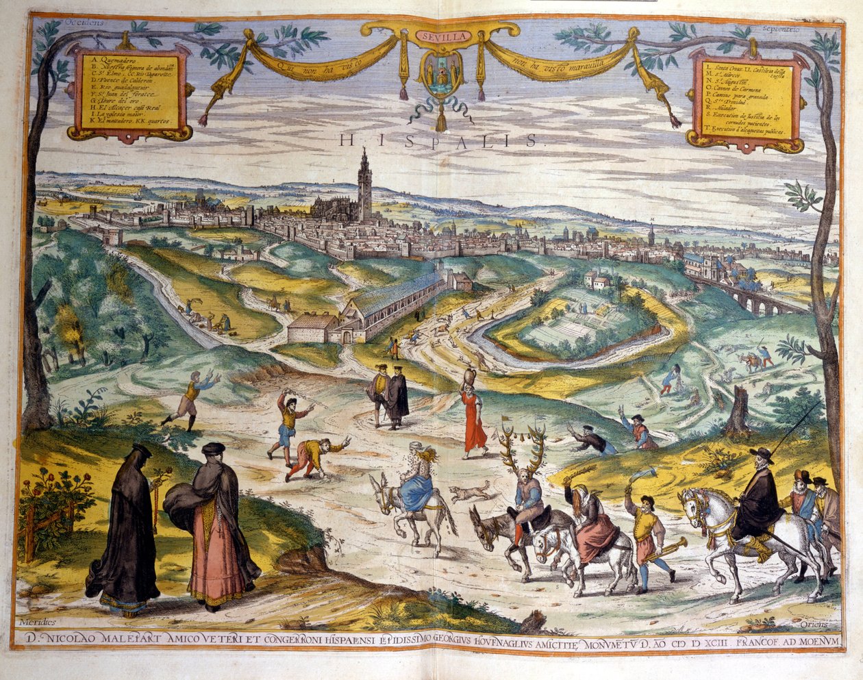 Mapa města Sevilly v roce 1590. Vpravo dole na obrázku si lidé z vesnice dělají legraci z paroháče na jeho oslu. od Unknown artist