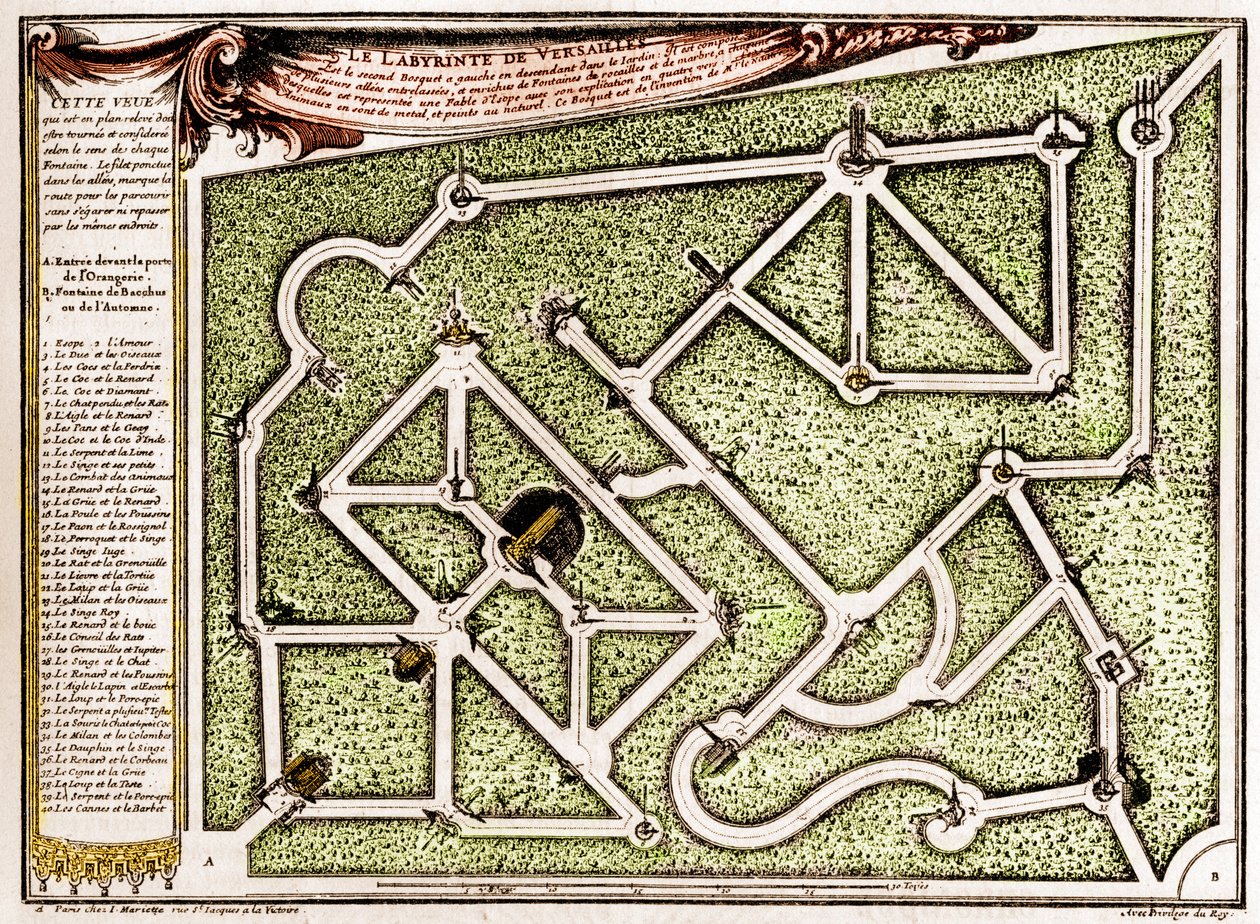 Mapa bludiště v parku zámku ve Versailles, kterou vytvořil Andre Le Notre (1613-1700). Gravírování v „“ La Nature. Revue des sciences et de ses applications aux arts et a l