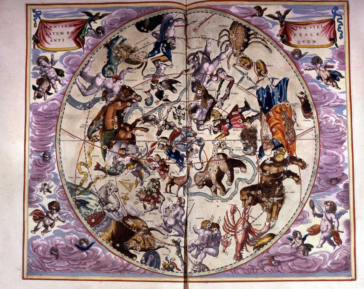 Mapa oblohy a znamení zvěrokruhu - faksimile starověké kompozice představující souhvězdí severní oblohy podle „Harmonia Macrocosmica“ od André Cellariuse od Unknown artist