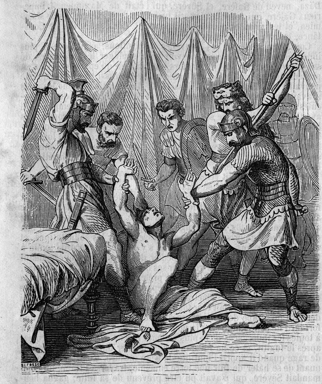Marcus Hordeonius Flaccus masakry římského senátora vlastními vojáky v 1. století. Rytina 19. století. od Unknown artist