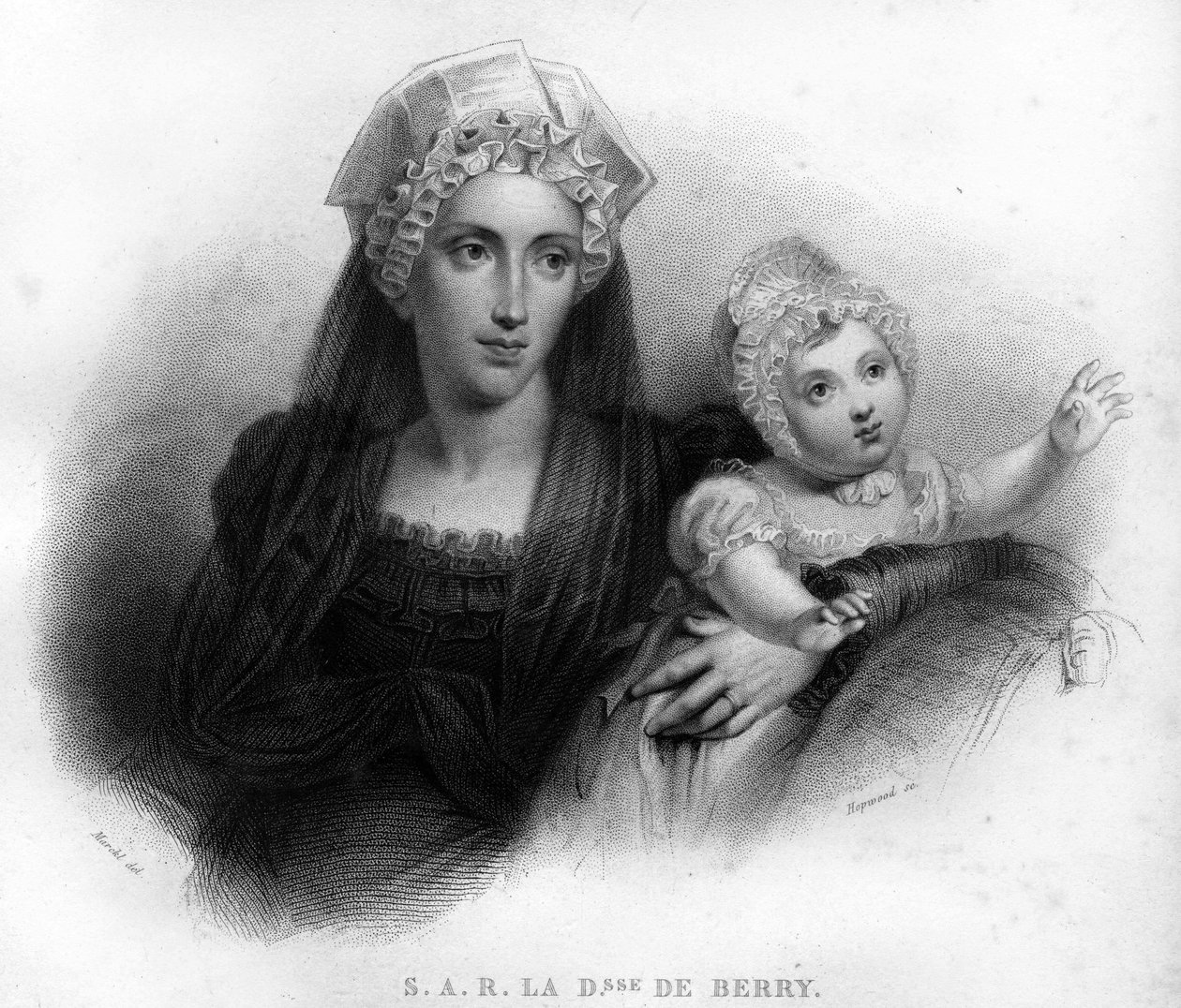 Marie - Karolína Bourbonská Sicílie, vévodkyně z Berry (1798-1870) ve vdových šatech, držící svou dceru Louise Marie Therese z Artois (1819-1864). Rytina z roku 1820. od Unknown artist