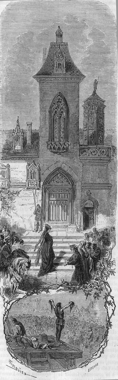 Marie de Burgundy žádá o milost svých ministrů. Smrt Hugonata a otce Humbercourta dne 3. dubna 1477. Rytina z 19. století. od Unknown artist