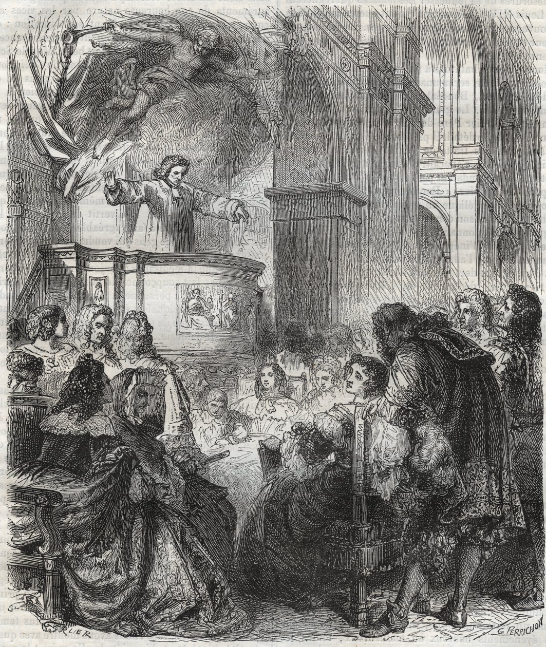 Marie de Rabutin-Chantal (Rabutin Chantal), markýza ze Sevigne známá jako Madame de Sevigne (1626-1696), poslouchejte Louise Bourdaloue (1632-1704) francouzsky v kostele jezuitů, Saint-Louis v Paříži - rytina z roku 1866 od Unknown artist