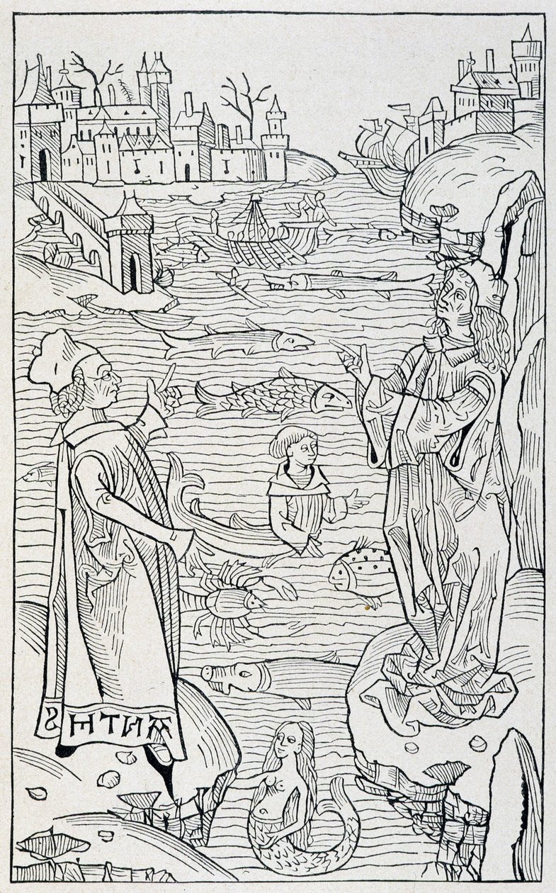 Mořská zvířata a nestvůry - titulní strana kapitoly „“ De Piscibus““ z „“ Hortus Sanitatis“, vydání Mainz z roku 1491 od Unknown artist