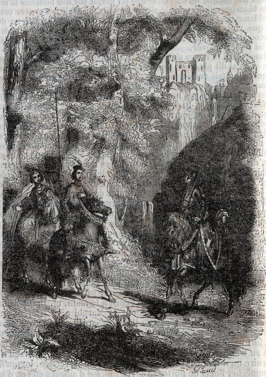 Marphise (Marfisa) a stará žena se setkávají s Pinabel (Pinabello) - rytina z roku 1851 z „“Zuřivého Rolanda““ (Orlando furioso) (16. století) od Ludovica Ariosta, známého jako Ariosta – vydání přeložené z italštiny hrabětem z Tressanu a publikoval od Unknown artist