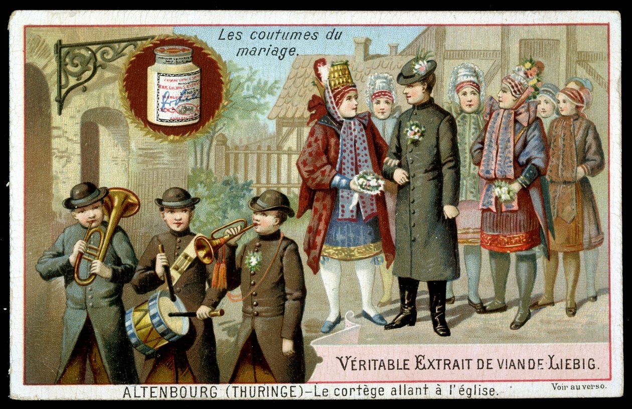 Svatební zvyky: průvod jdoucí do kostela v Altenburgu (Durynsko) - chromo. Liebig, v. 1895 od Unknown artist