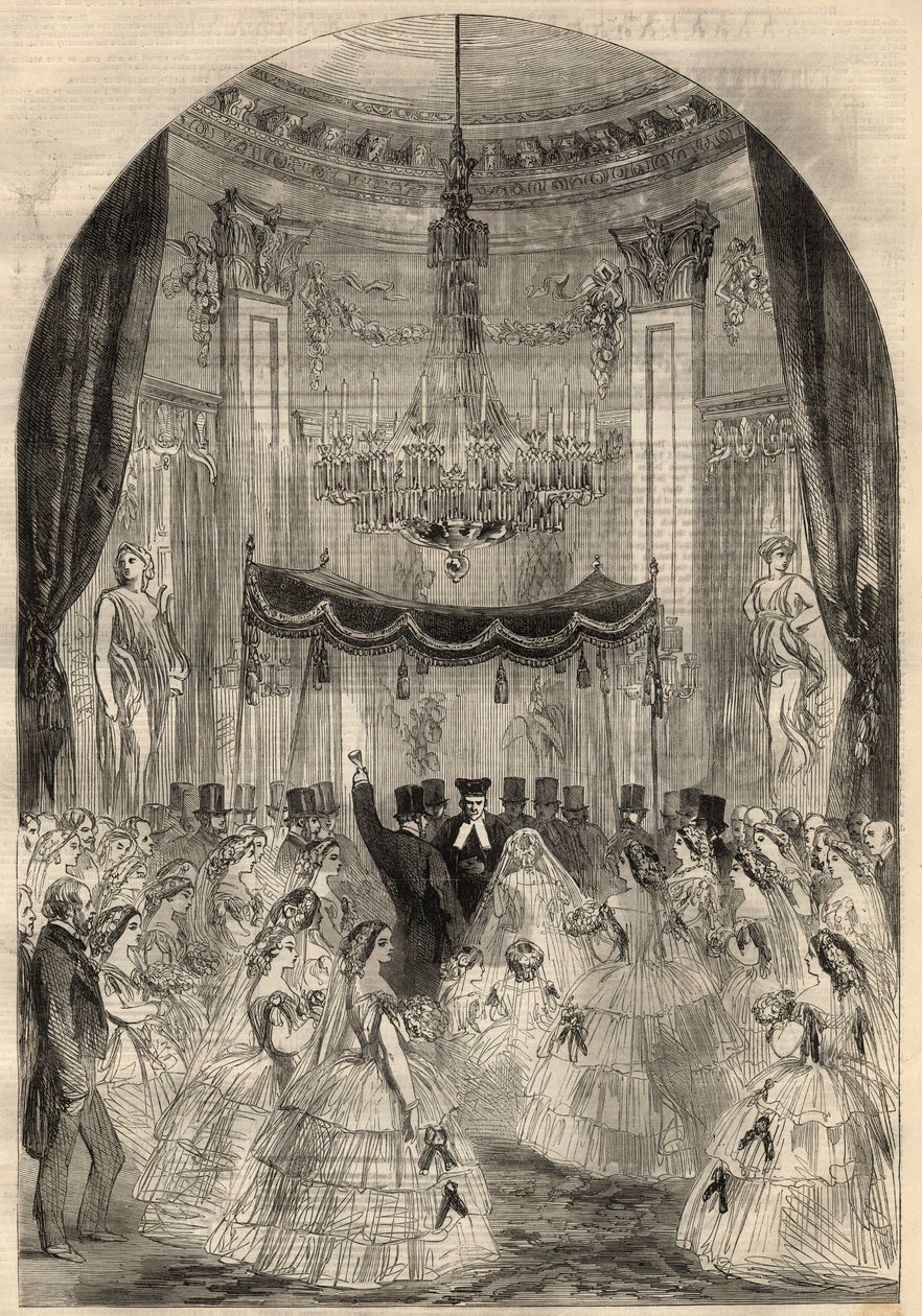 Sňatek barona Alphonse de Rothschild (1827-1905) a Leonory de Rotschild (1837-1911). Mary se naučila házet drink na podlahu, což je poslední fáze židovského sňatku nazývaná „rozbité sklo“. Gravírování do „“The Illustrated London News““ z března od Unknown artist