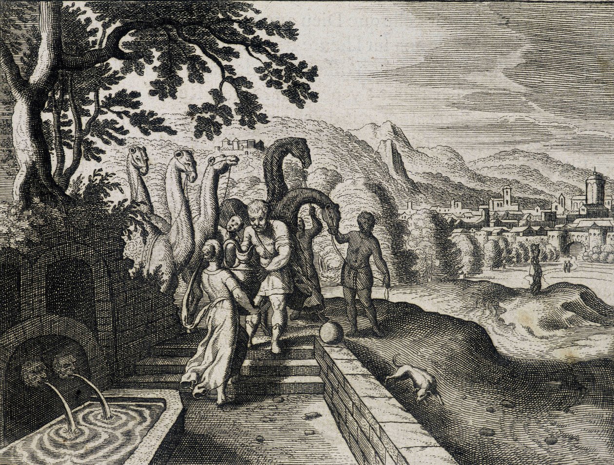 Manželství Izáka a Rebeky. Rytina z bible ze 17. století. od Unknown artist