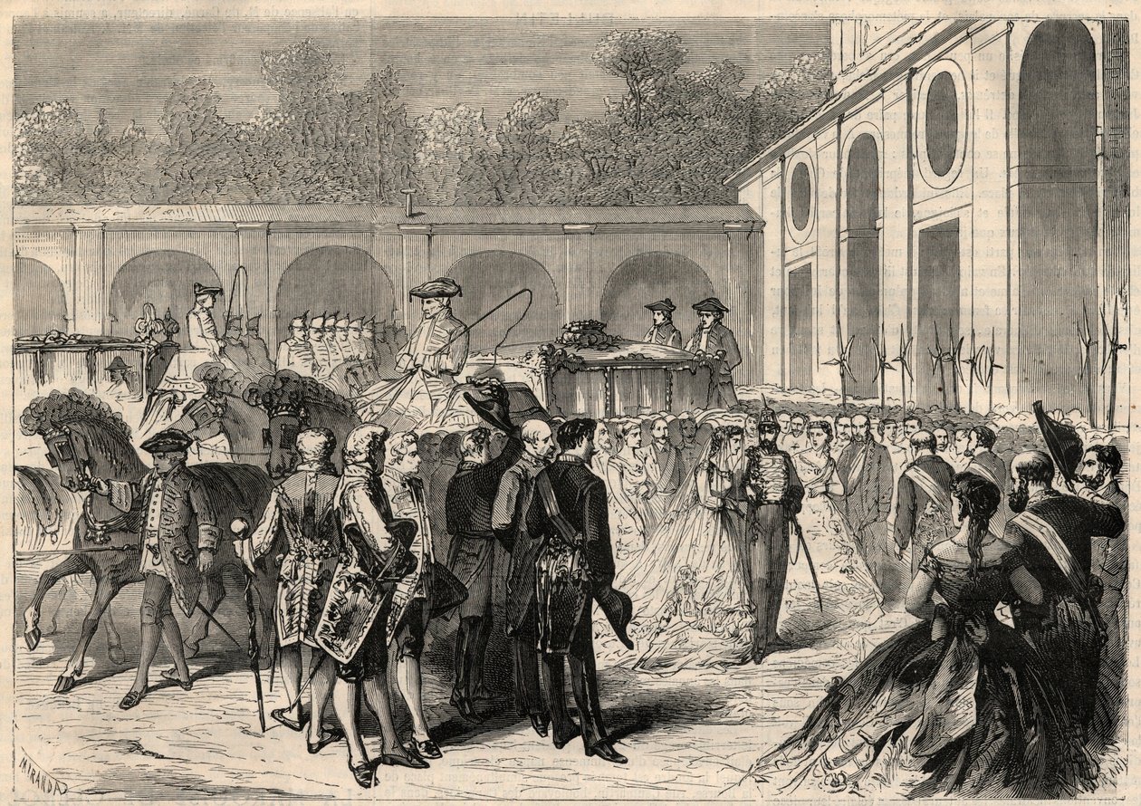 Sňatek nemluvňat Marie-Isabelle (Marie Isabelle) Španělské (Isabel de Borbon y Borbon) (1851-1931) a Gaetana de Bourbon-Sicilies (Bourbon Sicilies) (1846-1871), hraběte z Agrigenta (Girgenti): příjezd průvod v královské bazilice Atocha v od Unknown artist