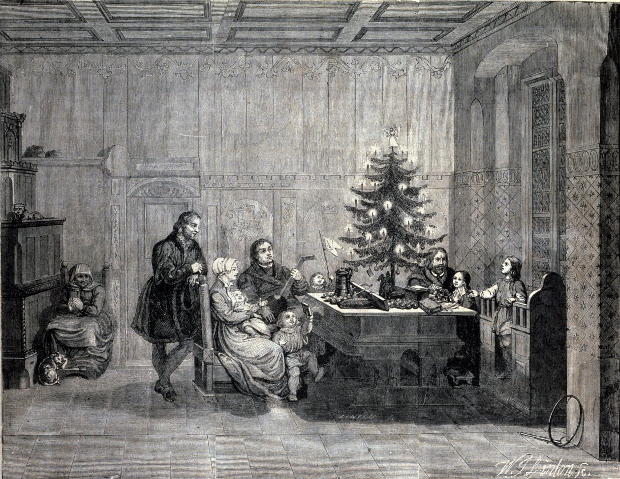 Martin Luther (1483-1546) německý náboženský reformátor slavící Vánoce s rodinou. Rytina 19. století od Unknown artist