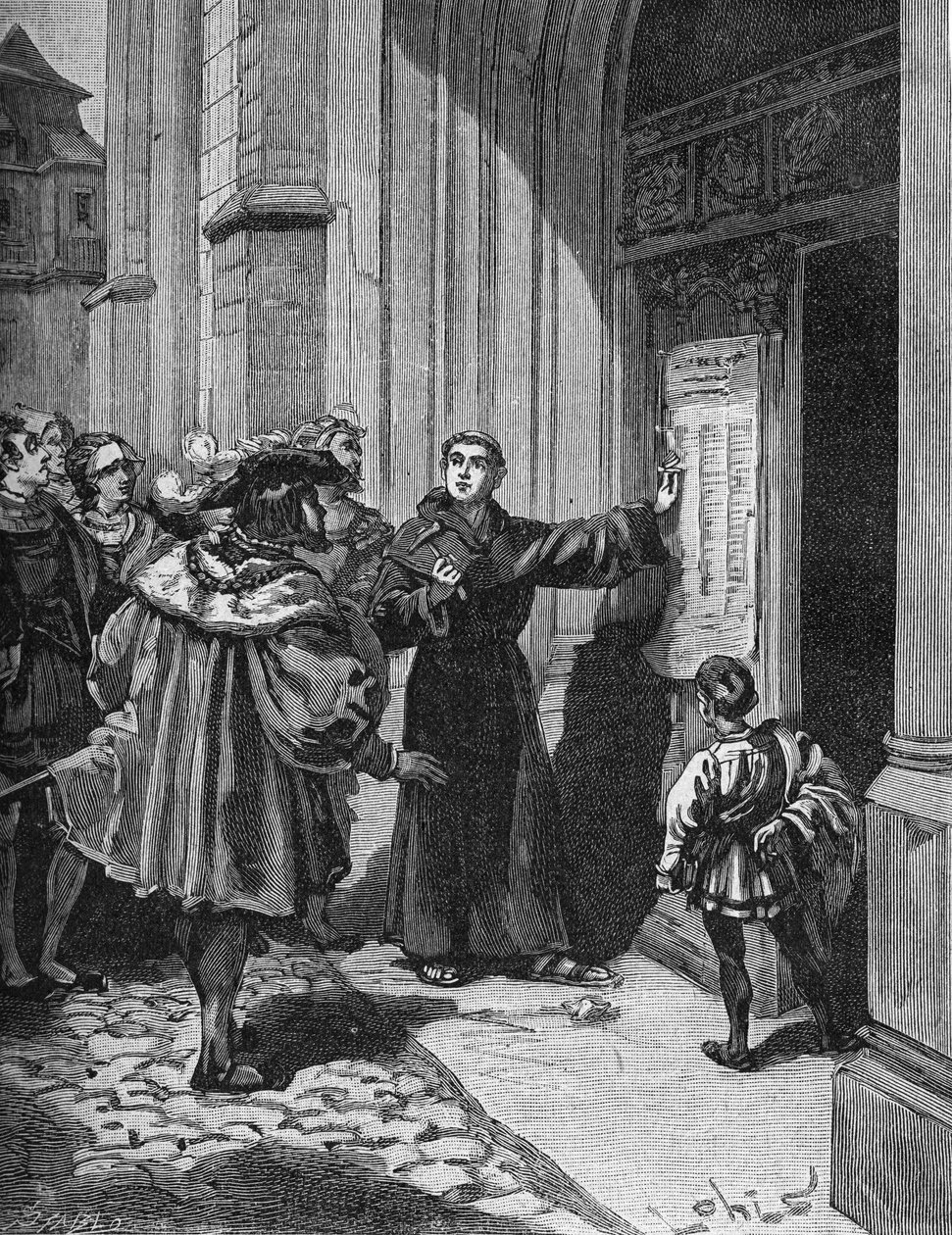 Martin Luther (1483-1546) visí ve Wittenbergu svých 95 tezí od Unknown artist