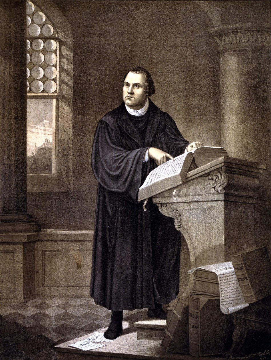 Martin Luther (1483 - 1546) čtení v kostele. od Unknown artist