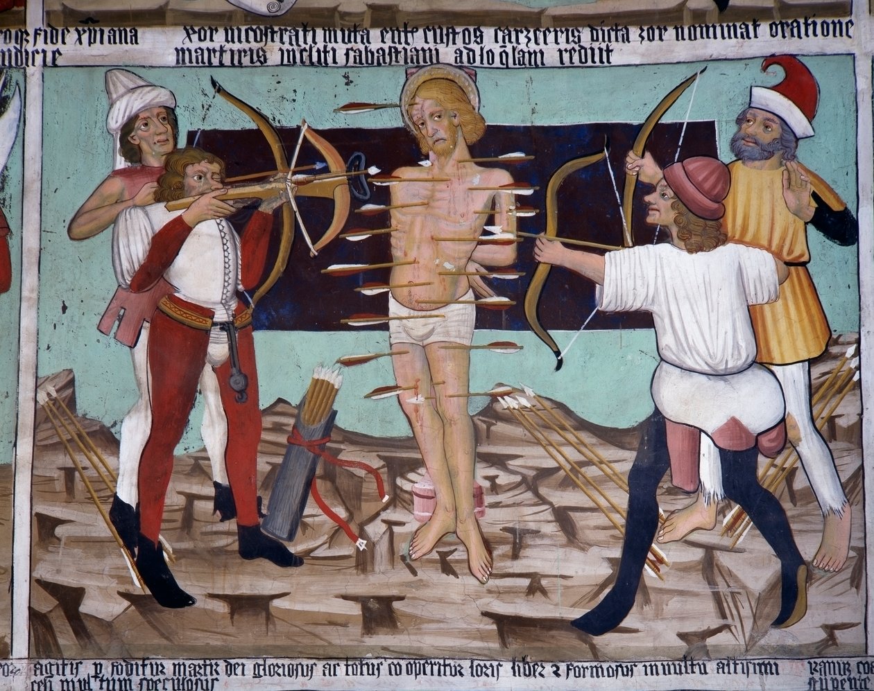 Umučení svatého Šebestiána, život svatého Šebestiána (15. století), fresky, kaple svatého Šebestiána, Villard-de-Lans, Rhone-Alpes, Francie. od Unknown artist