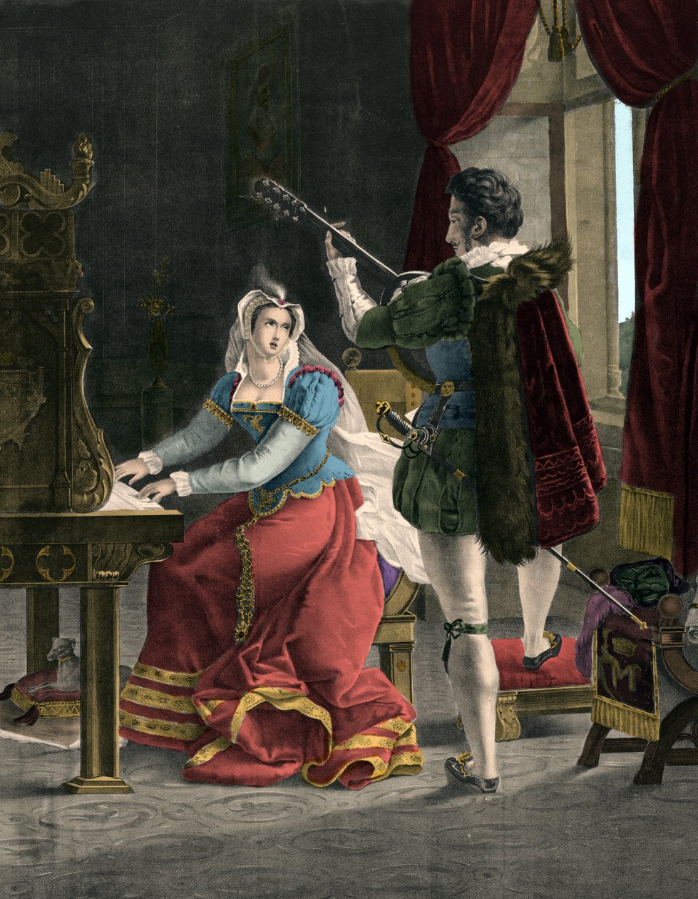 Mary Stuart a David Rizzio - Marie (Mary) Iere Stuart (1542-1587) s Davidem (Davide) Rizzio - rytina z 19. století od Unknown artist