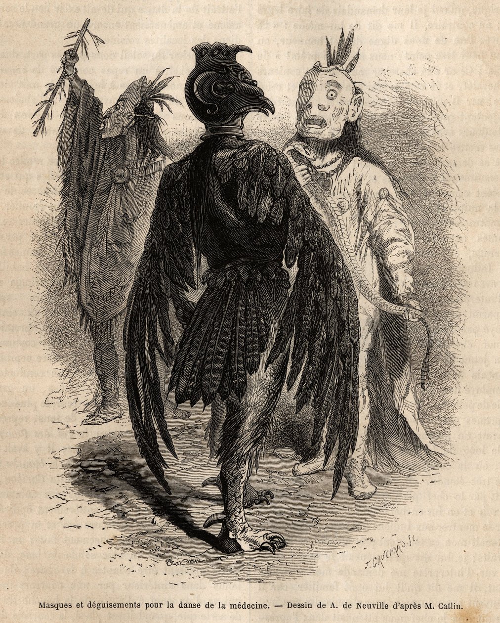 Masky a převleky pro tanec medicíny mezi indiány Naya. Rytina pro ilustraci exkurze mezi indiánskými kmeny povodí Kolumbie a Horní Missouri, od G. Catlina, v roce 1855, publikovaná v „“ le tour du monde“ pod vedením od Unknown artist