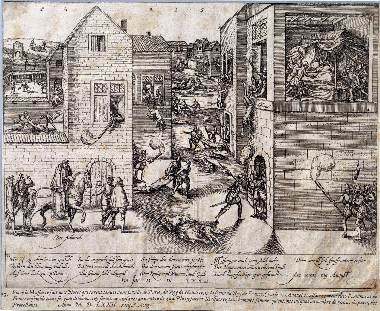 Masakr svatého Bartoloměje (Saint Barthelemy) v Paříži v noci 24. srpna 1572. Rytina z 16. století. Pau, Musee du Chateau od Unknown artist