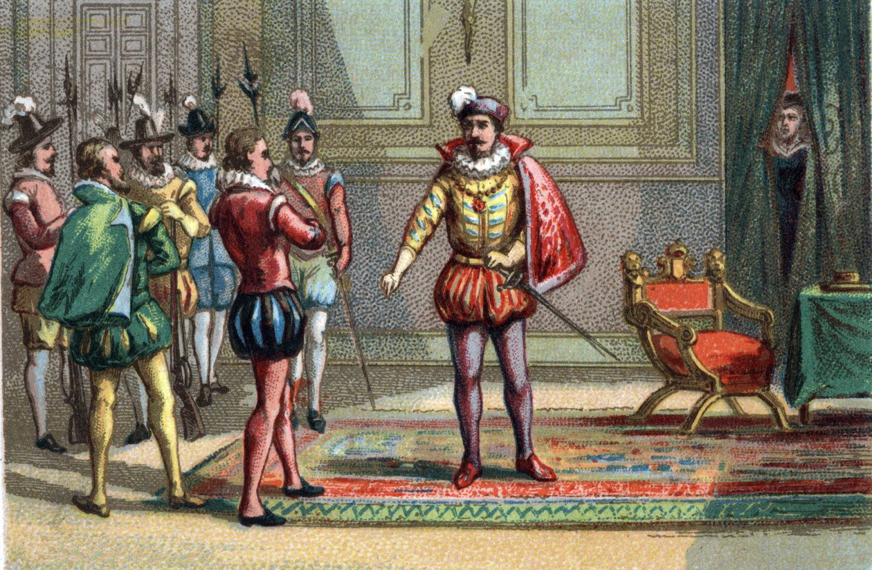 Masakr svatého Bartoloměje, vévoda z Conde a Jindřich Navarrský byli přivedeni ke Karlu IX., francouzskému králi (1550-1574), který jim nabídl volbu mezi mší a smrtí. Catherine de Medicis (Caterina de Medici) (1519-1589) pozoruje scénu. Chrom od Unknown artist