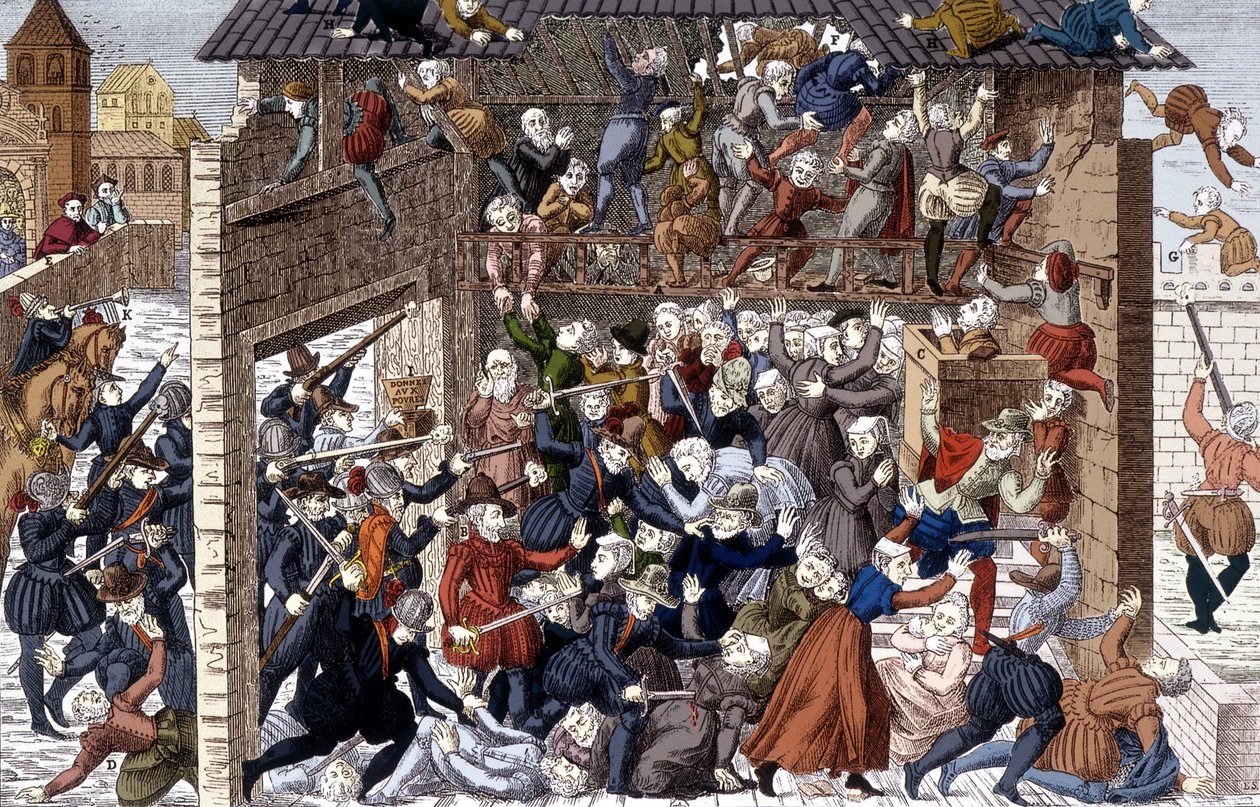 Masakr ve Wassy (Vassy) 1. března 1562 za Františka I. Lotrinského, 2. vévody z Guise (1519 - 1563). od Unknown artist