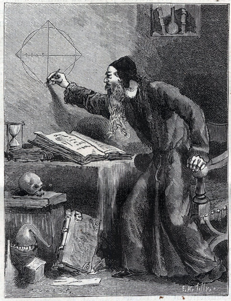 Matematika a geometrie: Vědecký výzkumník kvadratury kruhu v 16. století. Rytina v “” La Nature”” 1890. Soukromá sbírka. od Unknown artist