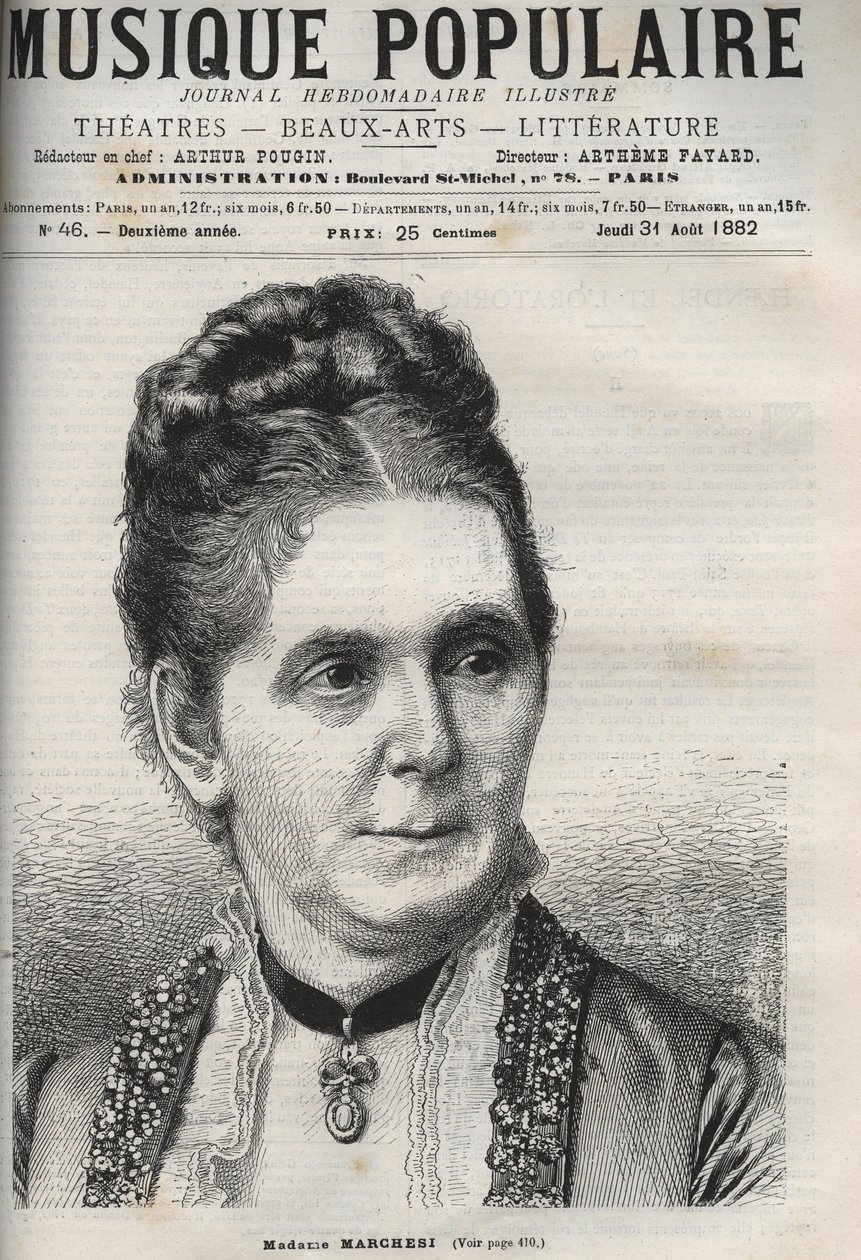 Mathilde Marchesi (1821-1913) německá mezzosopranistka - rytina ve slavném týdeníku ""Populární hudba""" - 1882 od Unknown artist