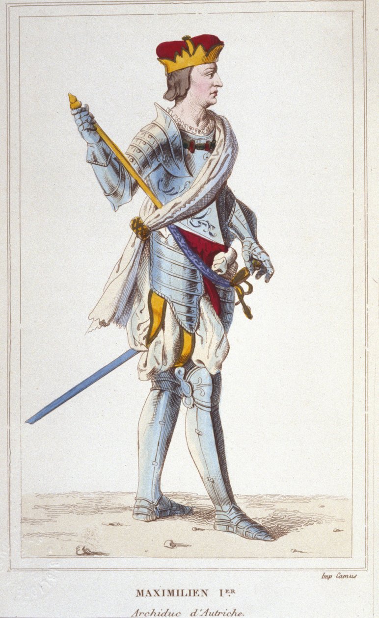 Maxmilián I. (Habsburský). Arcivévoda rakouský, král Římanů a germánský císař (1459 - 1519). Rytina z roku 1830 od Unknown artist