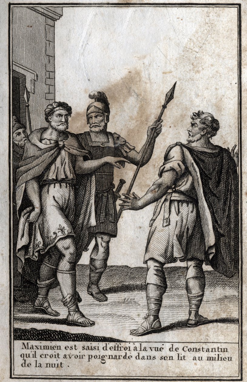 Maximian Hercules (Marcus Aurelius Valerius Maximianus) (asi 250-310), římský císař, je zachvácen strachem při pohledu na Konstantina (Konstantin I., Flauius Valerius Aurelius Constantinus, 272-306), svého zetě, kterého myslí si, že bodl ve své posteli i od Unknown artist