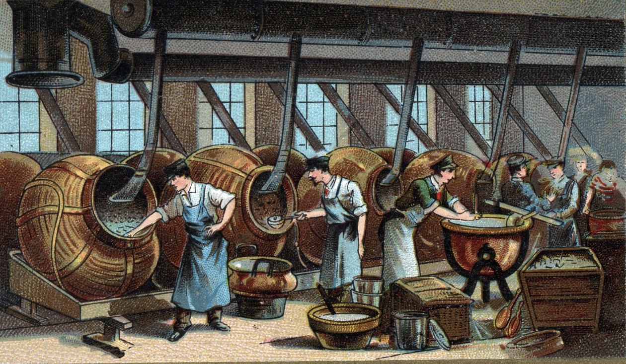 Mechanická výroba dražé. Chromolitografie konce 19. století od Unknown artist