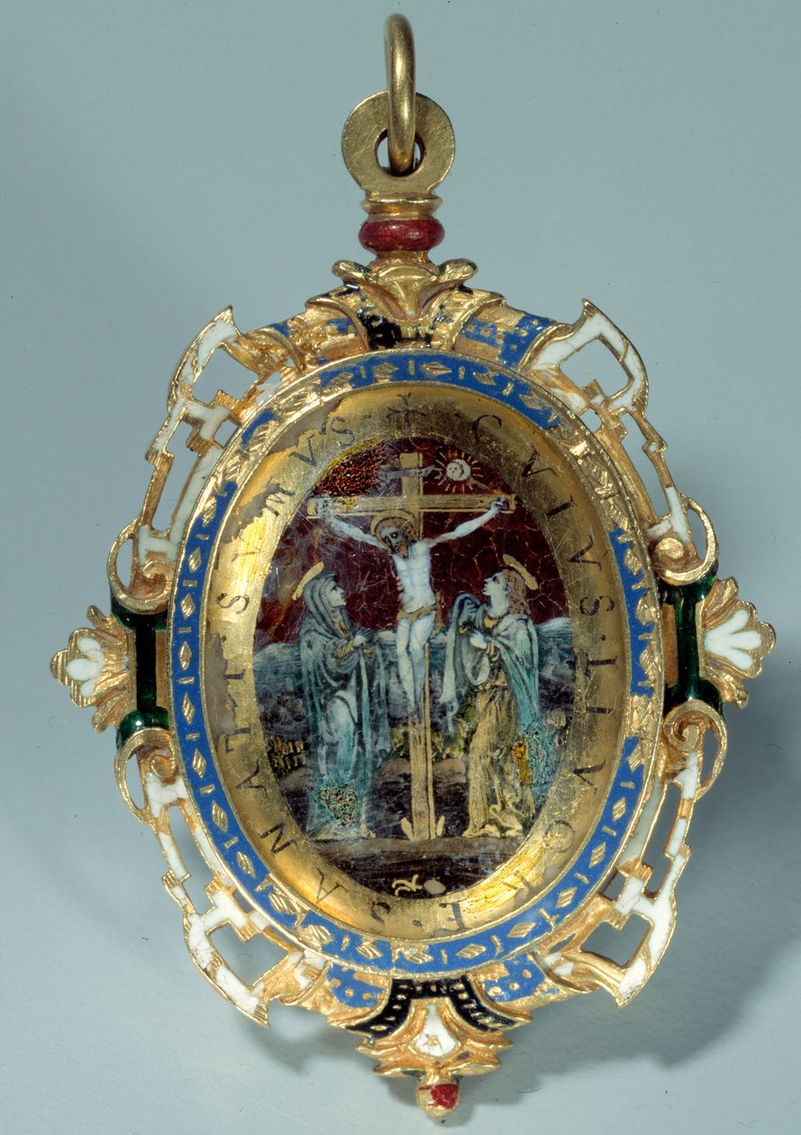 Medailon v emailu na kulatém zlatém hrbolku zdobí ukřižování a let do Egypta. Debut 16. století Sun. h. 7 cm. Paříž. muzeum Louvre od Unknown artist