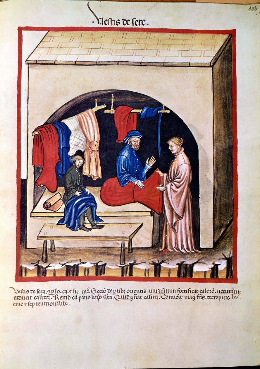 Obchod s medicínou: „“ obchodník s hedvábným oblečením““ Stránka převzata z „“ Tacuinum sanitatis““ (Cod. ser. nov. 2644) Kolem 1400 Vídeň, Rakouská národní knihovna od Unknown artist