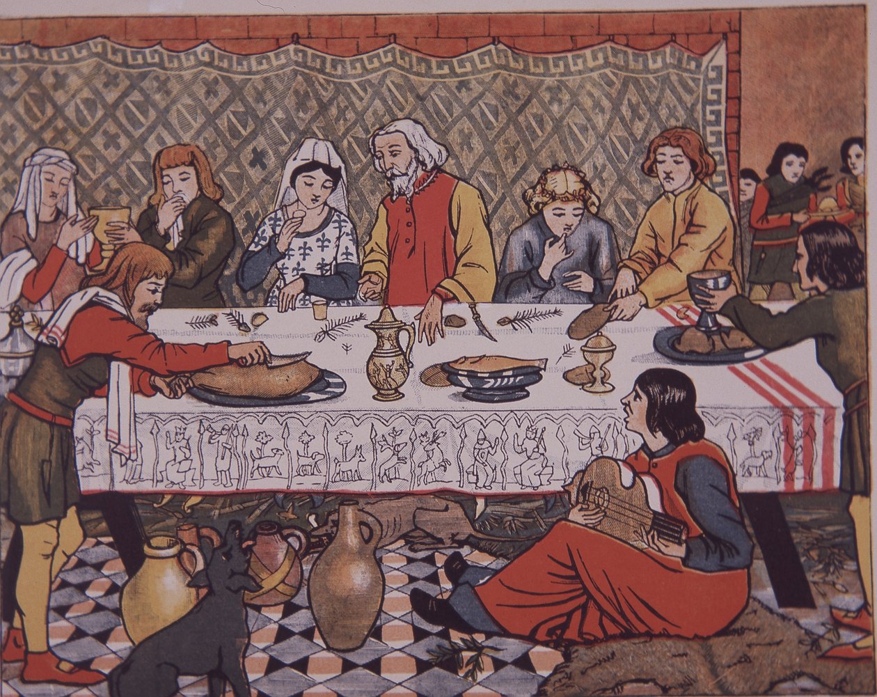 Středověký pán na panském stolování (barva litho) od Unknown artist