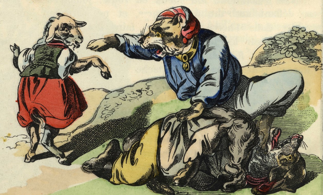 Medor zachrání Little Chef před vlkem. Ilustrace příběhu „Bon medor a malý Chevrette““. V „“ Pohádky z domova pro nejmenší““. Anonymní rytina 19. století. od Unknown artist