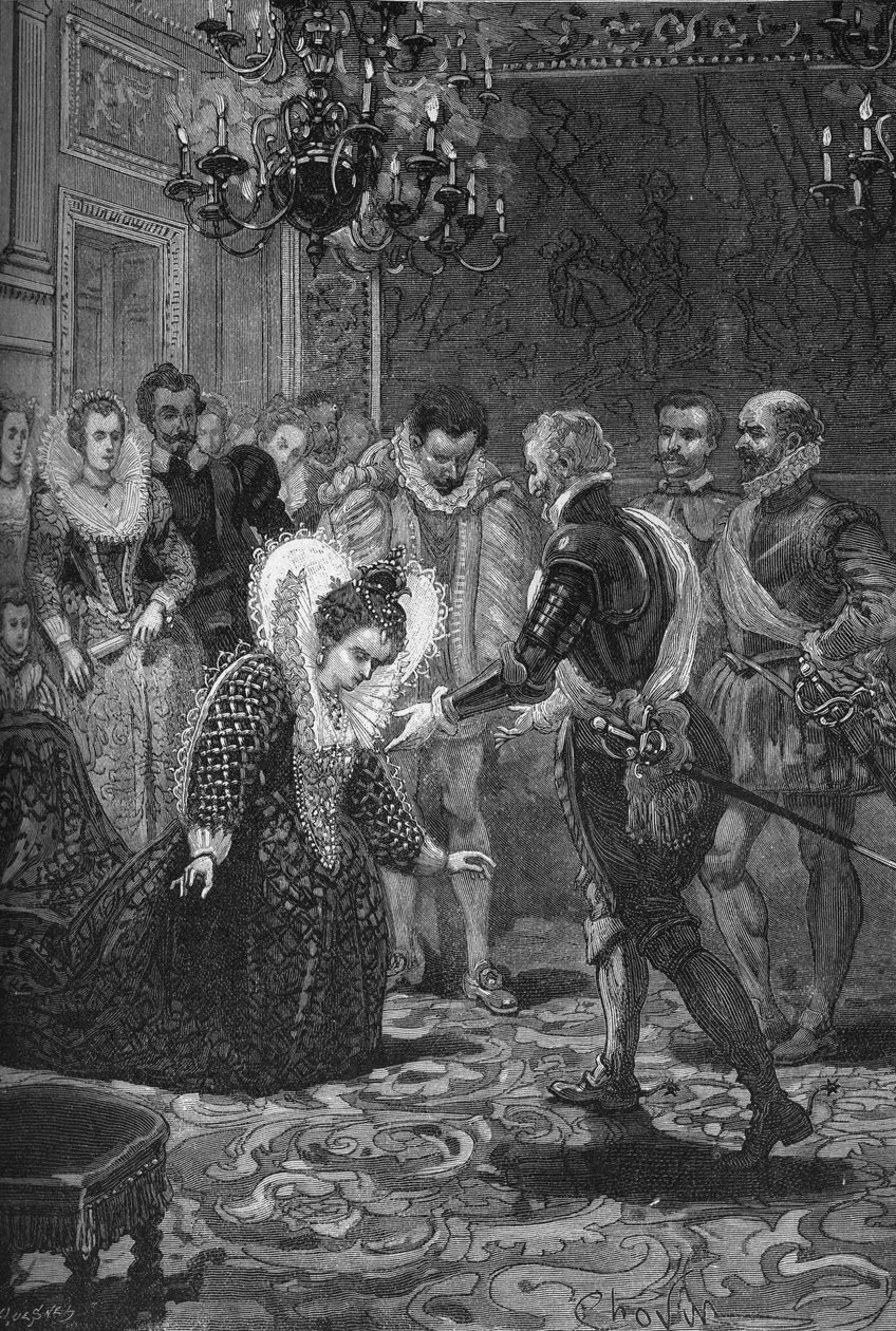 Setkání Maris de Medicis a Jindřicha IV. (1601): Marie Medicejská (1573-1642) se klaní svému manželovi, francouzskému králi Jindřichu IV. (1553-1610). Rytina 19. století. V „Histoire de France“ od Julese Micheleta od Unknown artist