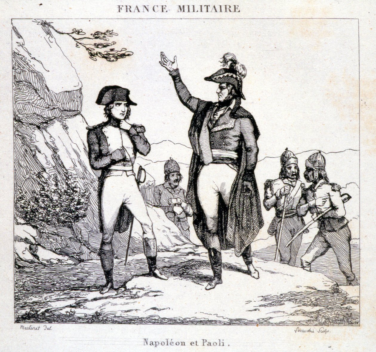 Setkání Napoleona Bonaparta a Pasquala nebo Pascala Paoliho (1725 - 1807), Patriote Corsica. Rytina 19. století. od Unknown artist