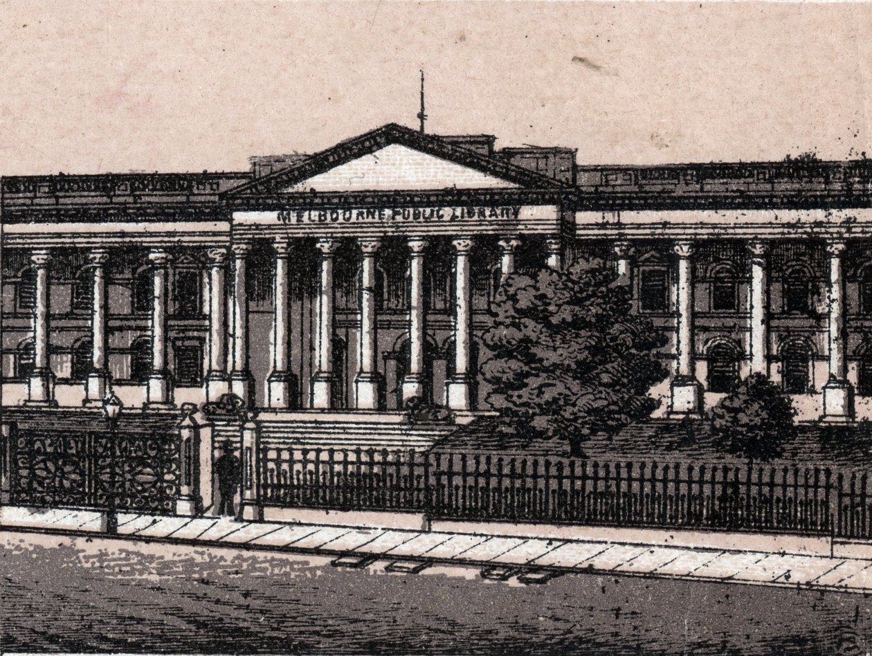 Melbourne, Austrálie: pohled na veřejnou knihovnu. v „“ Svět ilustruje 168 pohledů““ Nedatováno (konec 19. století) od Unknown artist