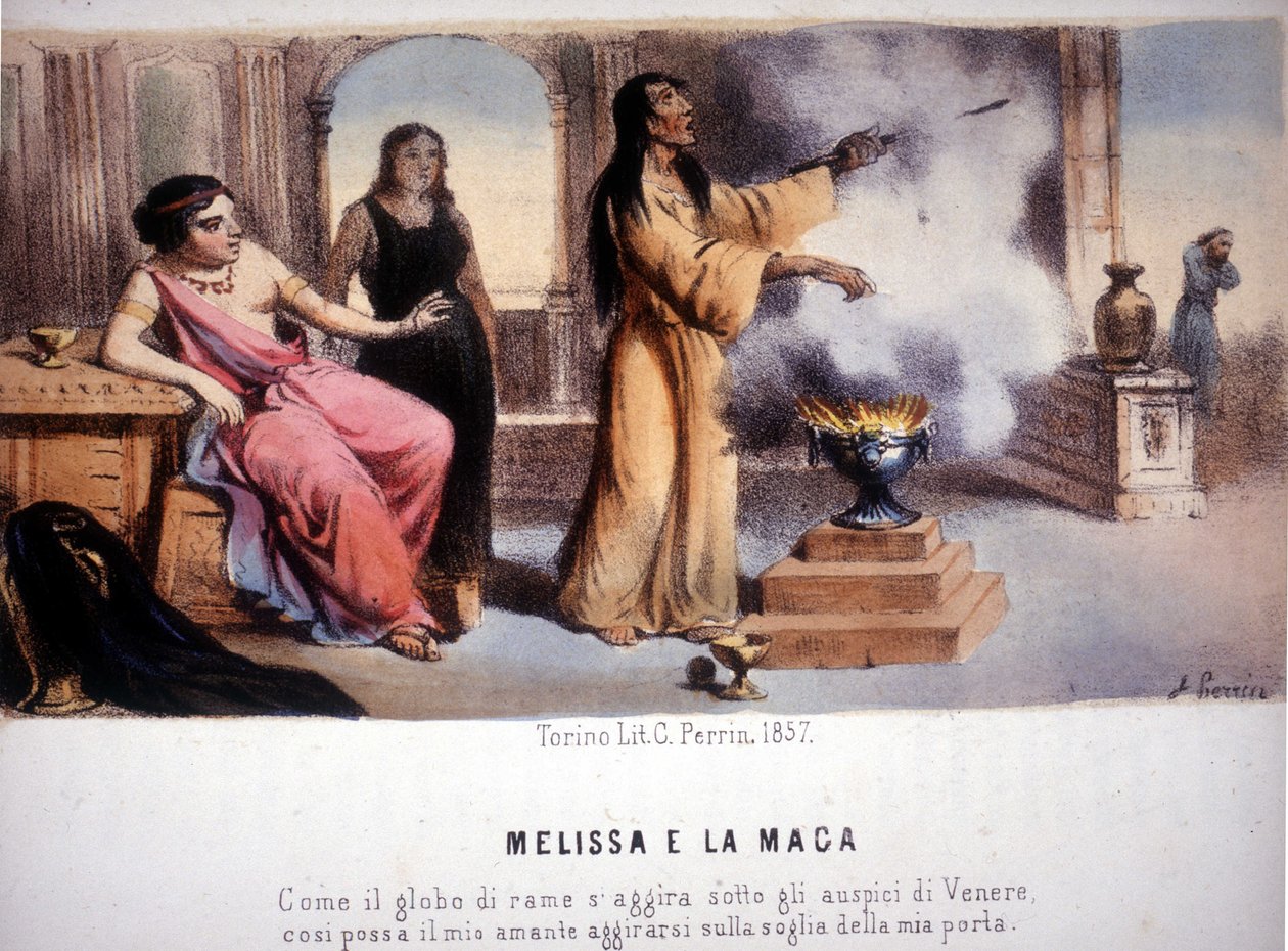 Melissa a čarodějka: "Stejně jako měděná koule je ovlivněna Venuší, aby se můj milenec objevil na mém prahu." 1857. od Unknown artist