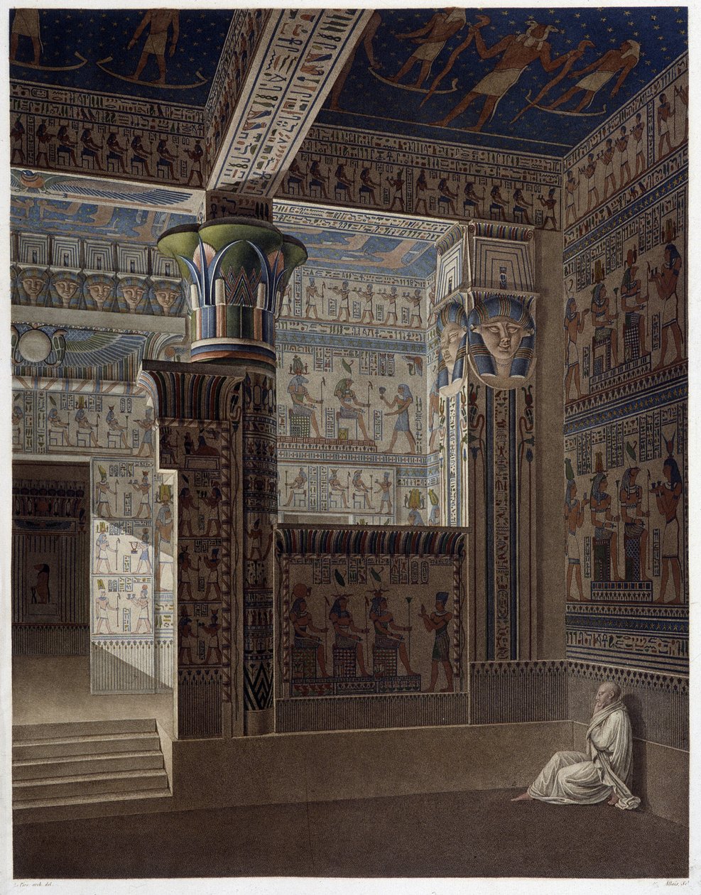 Memnonium Thebes, pl 37: Barevný interiér perspektivní pohled na chrám na západě - v „“egyptských starožitnostech“, sd. 19. století od Unknown artist